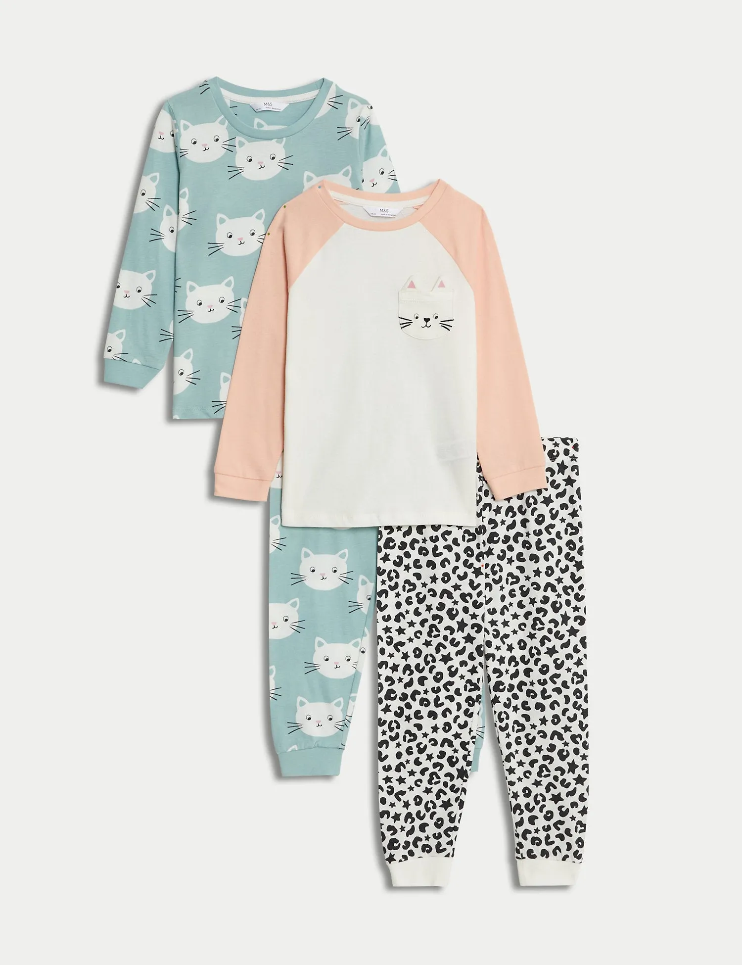 2pk Pure Cotton Cat Pyjama Sets