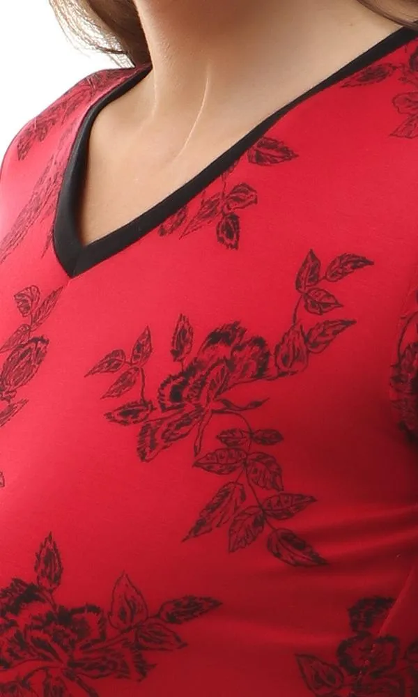 56800 Floral V-Neck Top With Side Slits - Dark Red