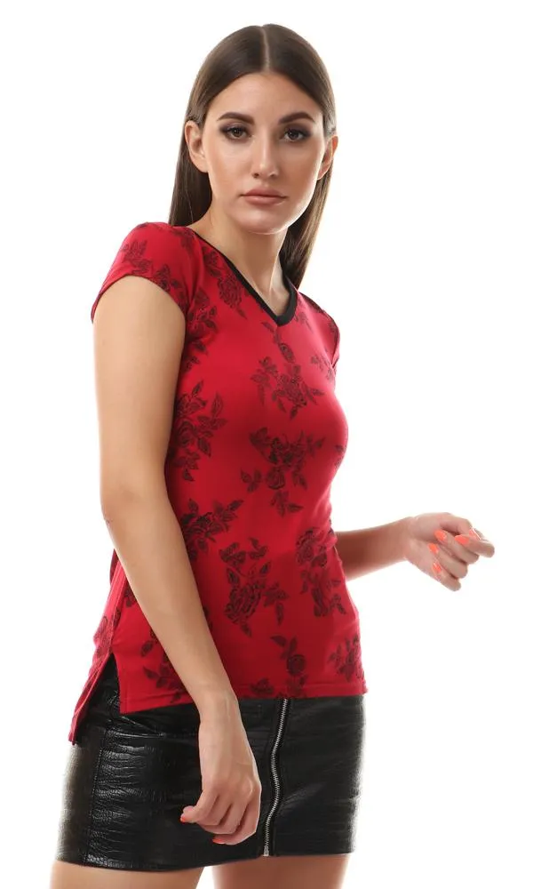 56800 Floral V-Neck Top With Side Slits - Dark Red