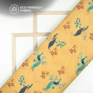 Amber Yellow Peacock Pattern Digital Print Crepe Silk Fabric