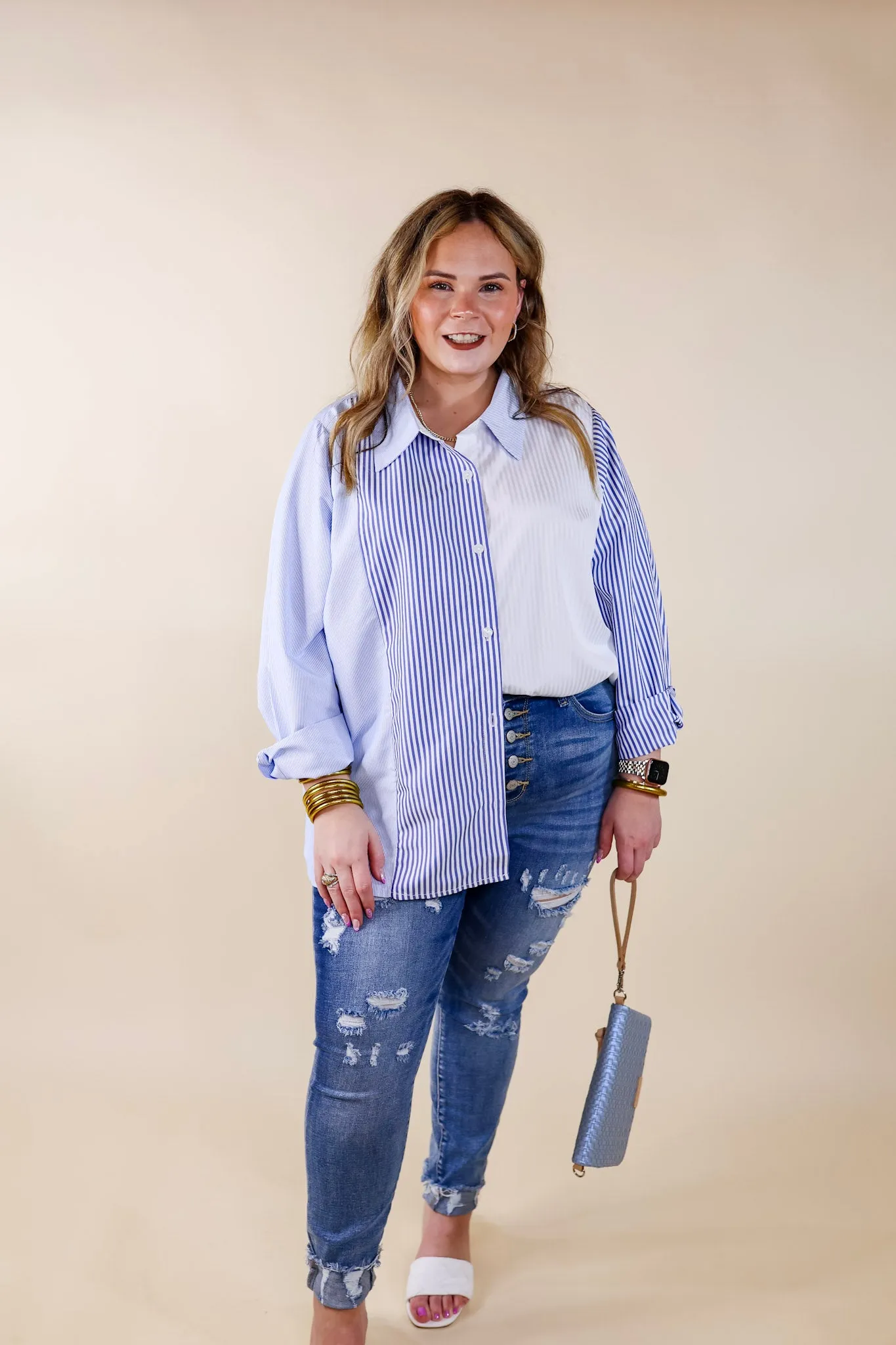 Back To You Pin Stripe Color Block Button Up Top in Blue and White