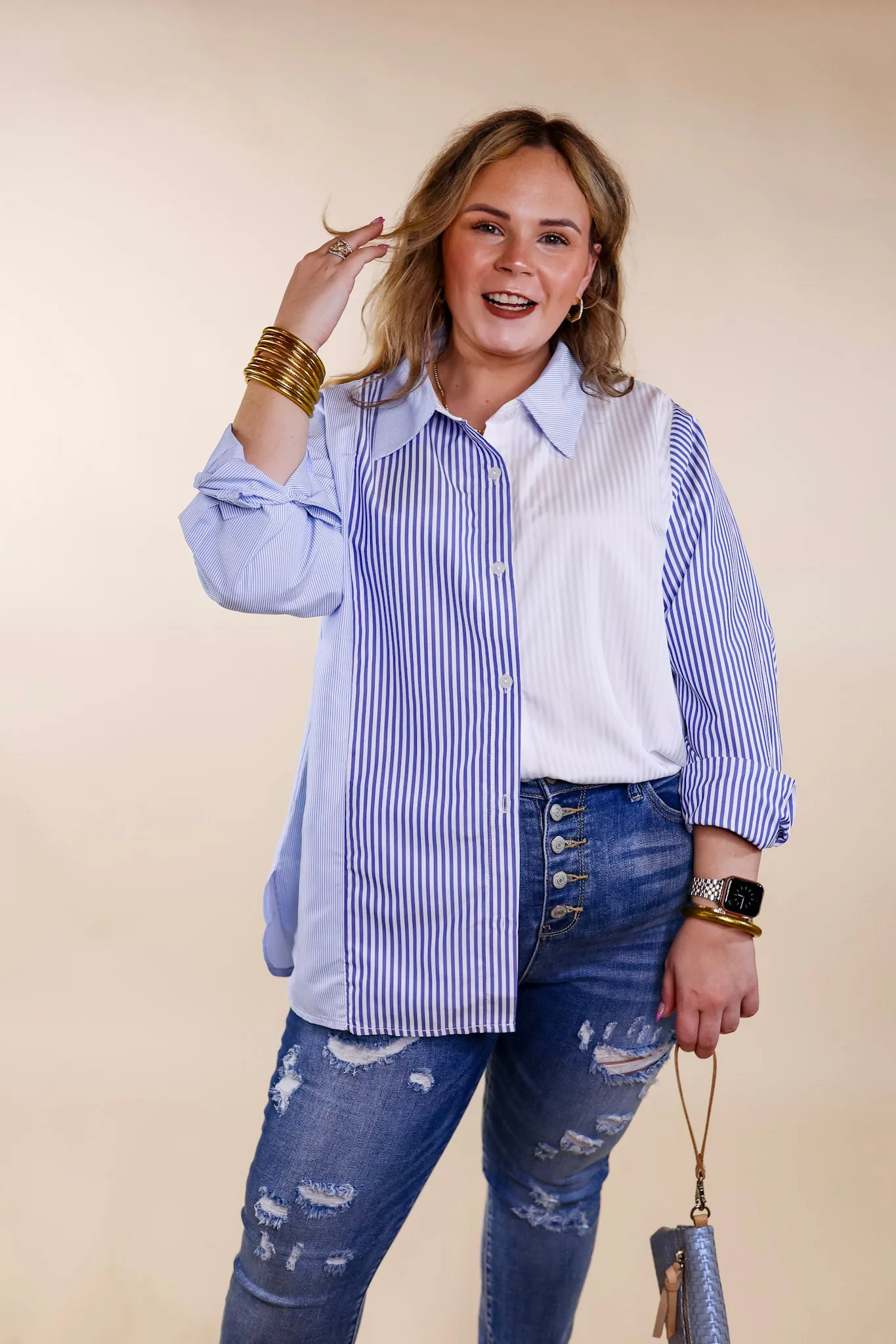 Back To You Pin Stripe Color Block Button Up Top in Blue and White