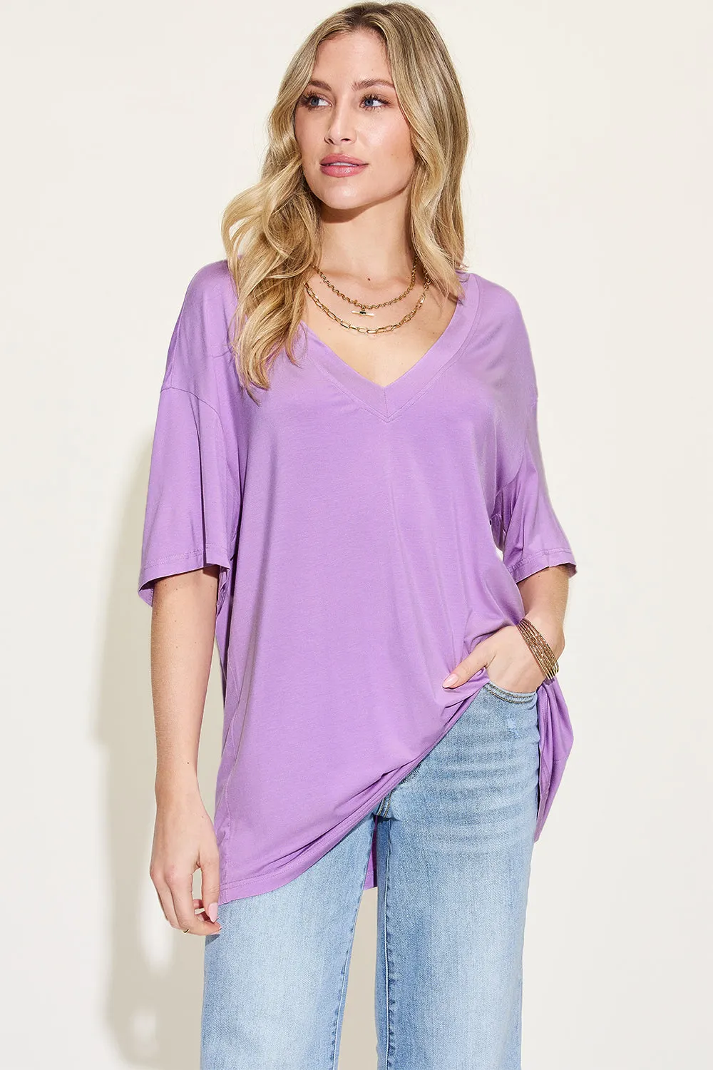 Basic Bae Full Size Bamboo V-Neck Drop Shoulder T-Shirt - 4 Colors