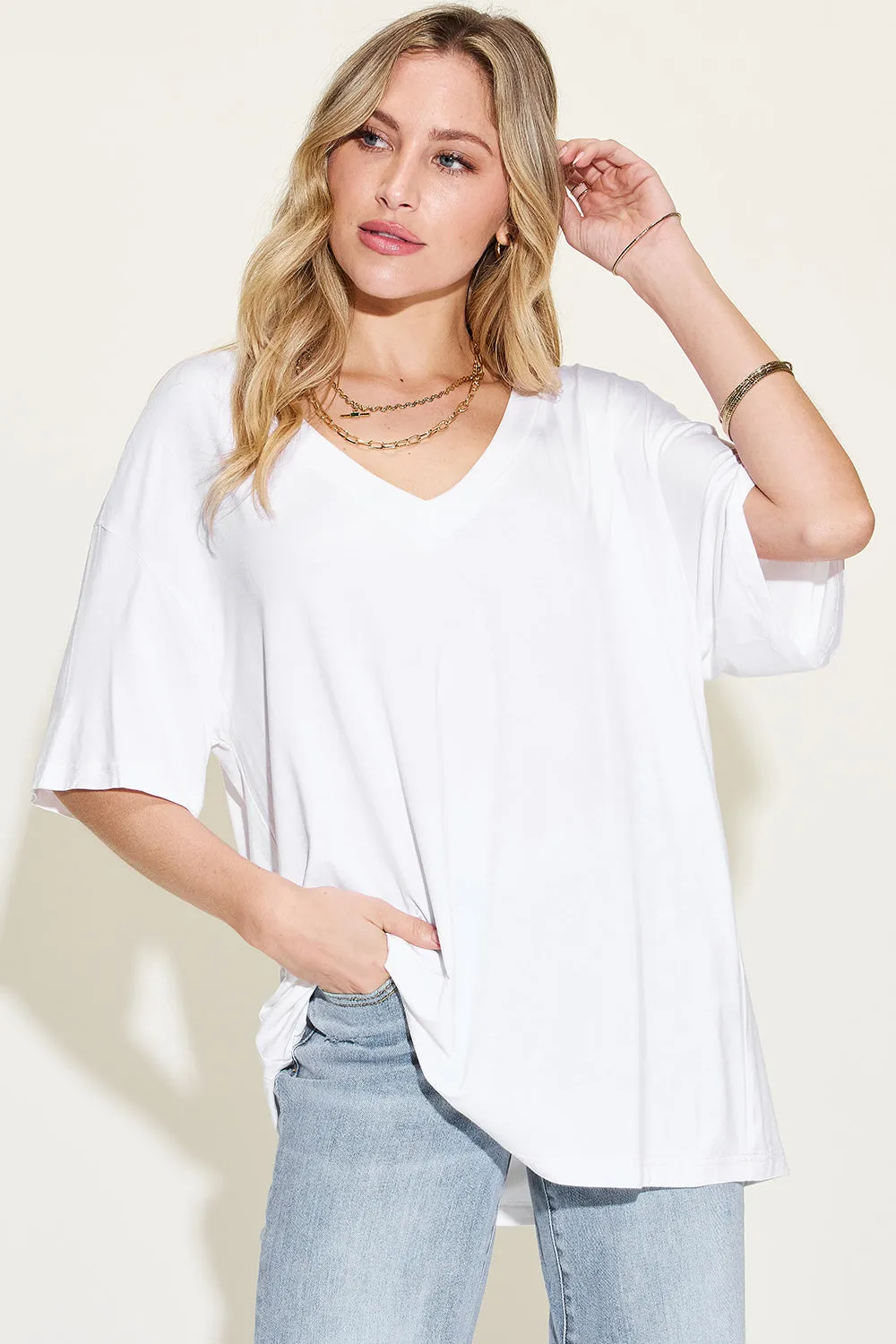 Basic Bae Full Size Bamboo V-Neck Drop Shoulder T-Shirt - 4 Colors