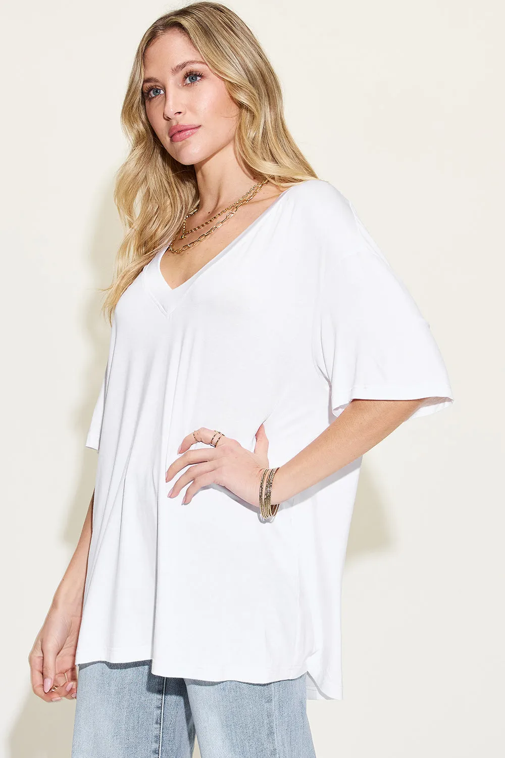 Basic Bae Full Size Bamboo V-Neck Drop Shoulder T-Shirt - 4 Colors