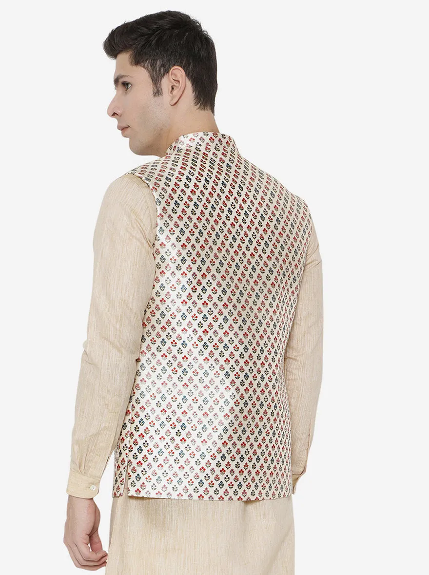 Beige Printed Bandhgala Jacket | Greenfibre