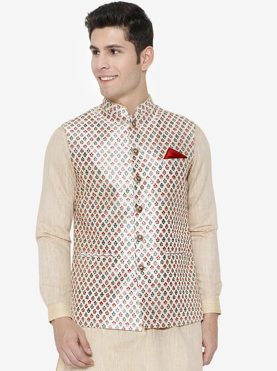 Beige Printed Bandhgala Jacket | Greenfibre