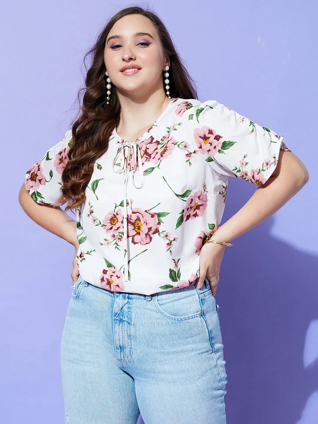 Berrylush Women Plus Size White & Pink Floral Printed Tie-Up Neck Puff Sleeve Regular Top