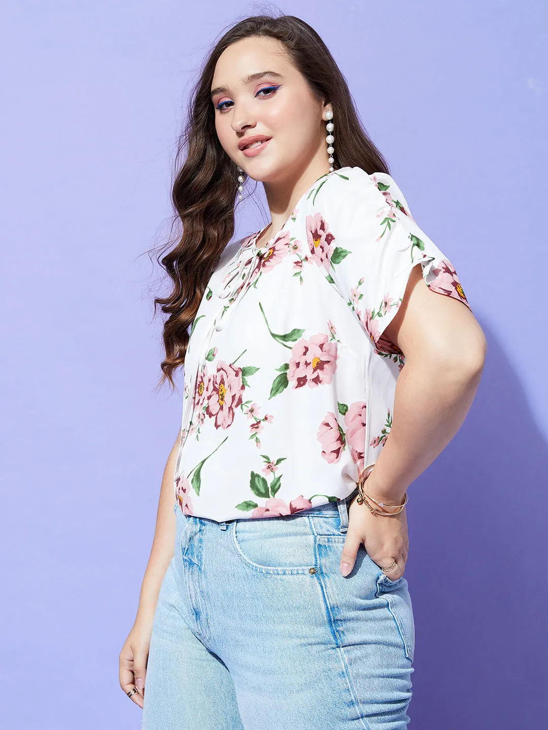 Berrylush Women Plus Size White & Pink Floral Printed Tie-Up Neck Puff Sleeve Regular Top