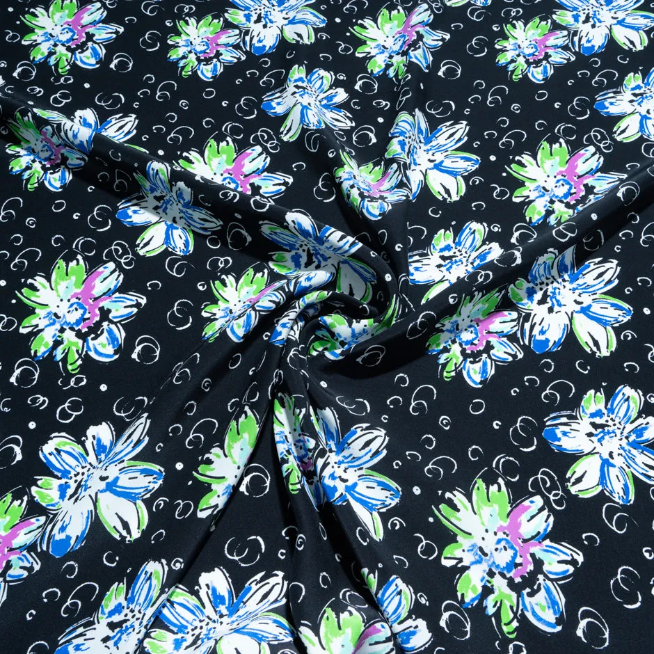 Blue & Green Floral Printed Black Silk Satin