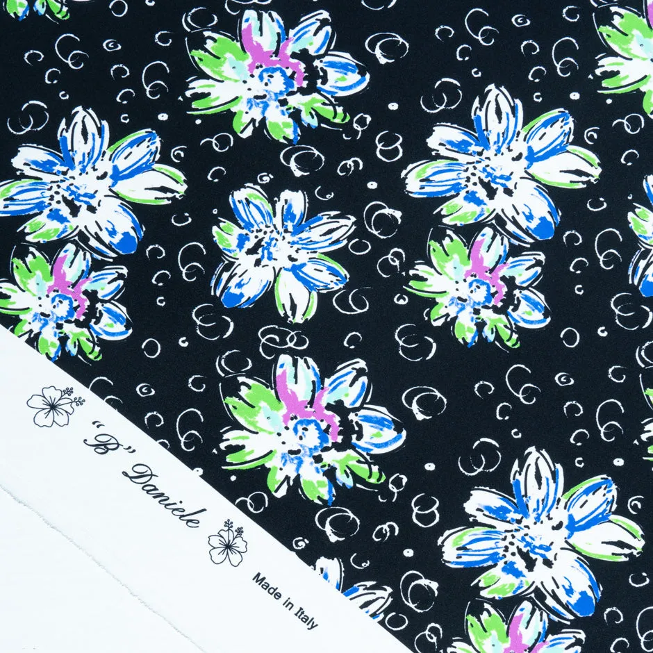 Blue & Green Floral Printed Black Silk Satin