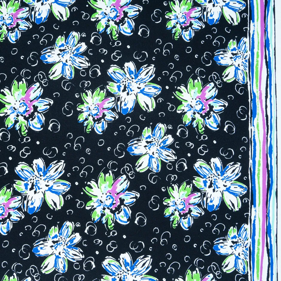 Blue & Green Floral Printed Black Silk Satin