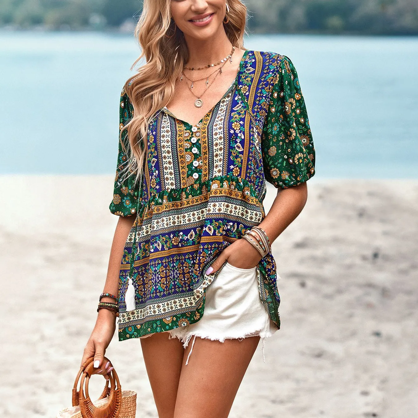 Bohemian Print Commuter V-Neck Lantern Sleeve Blouses Wholesale Women'S Tops