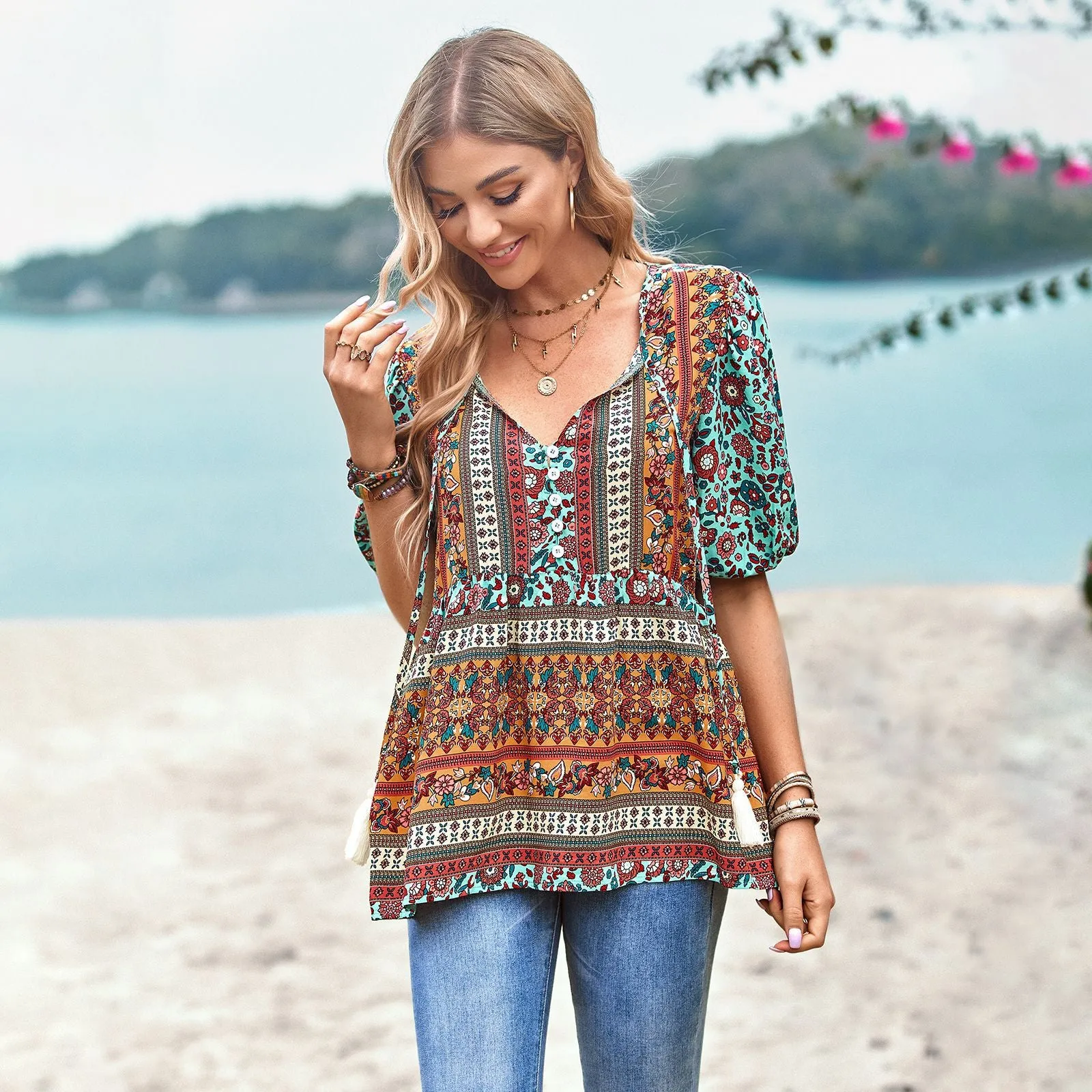 Bohemian Print Commuter V-Neck Lantern Sleeve Blouses Wholesale Women'S Tops