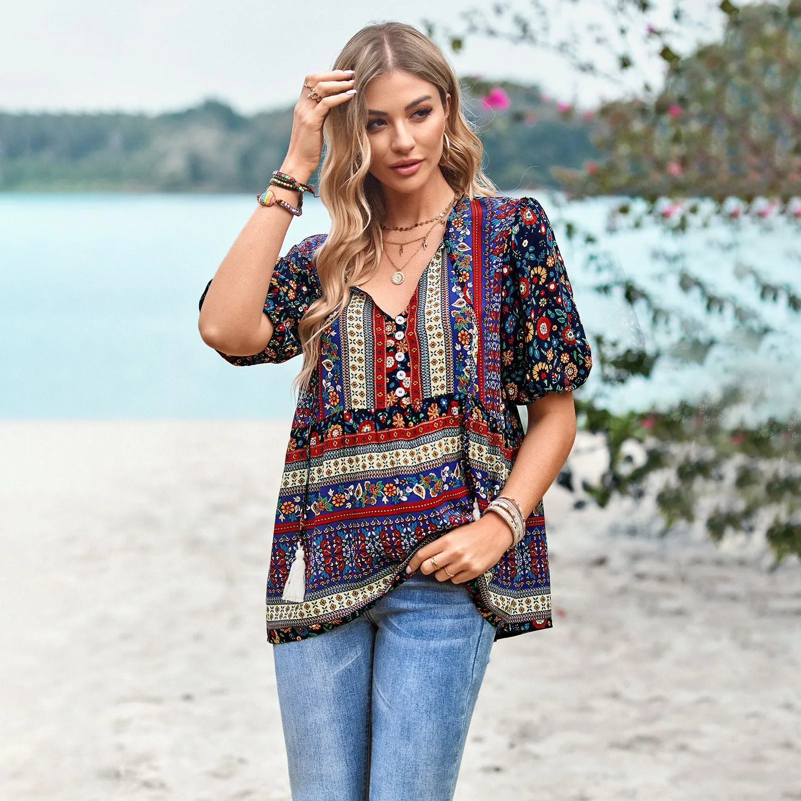 Bohemian Print Commuter V-Neck Lantern Sleeve Blouses Wholesale Women'S Tops