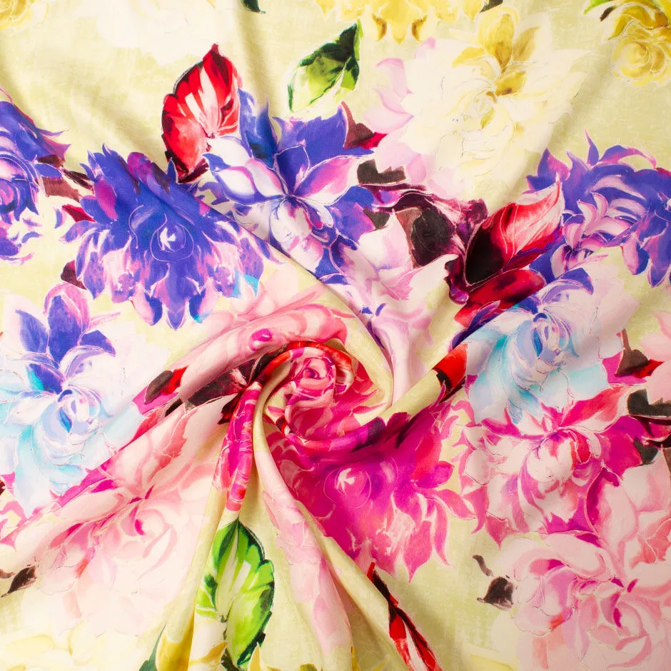 Bold Fuchsia Pink & Yellow Floral Pure Silk Satin