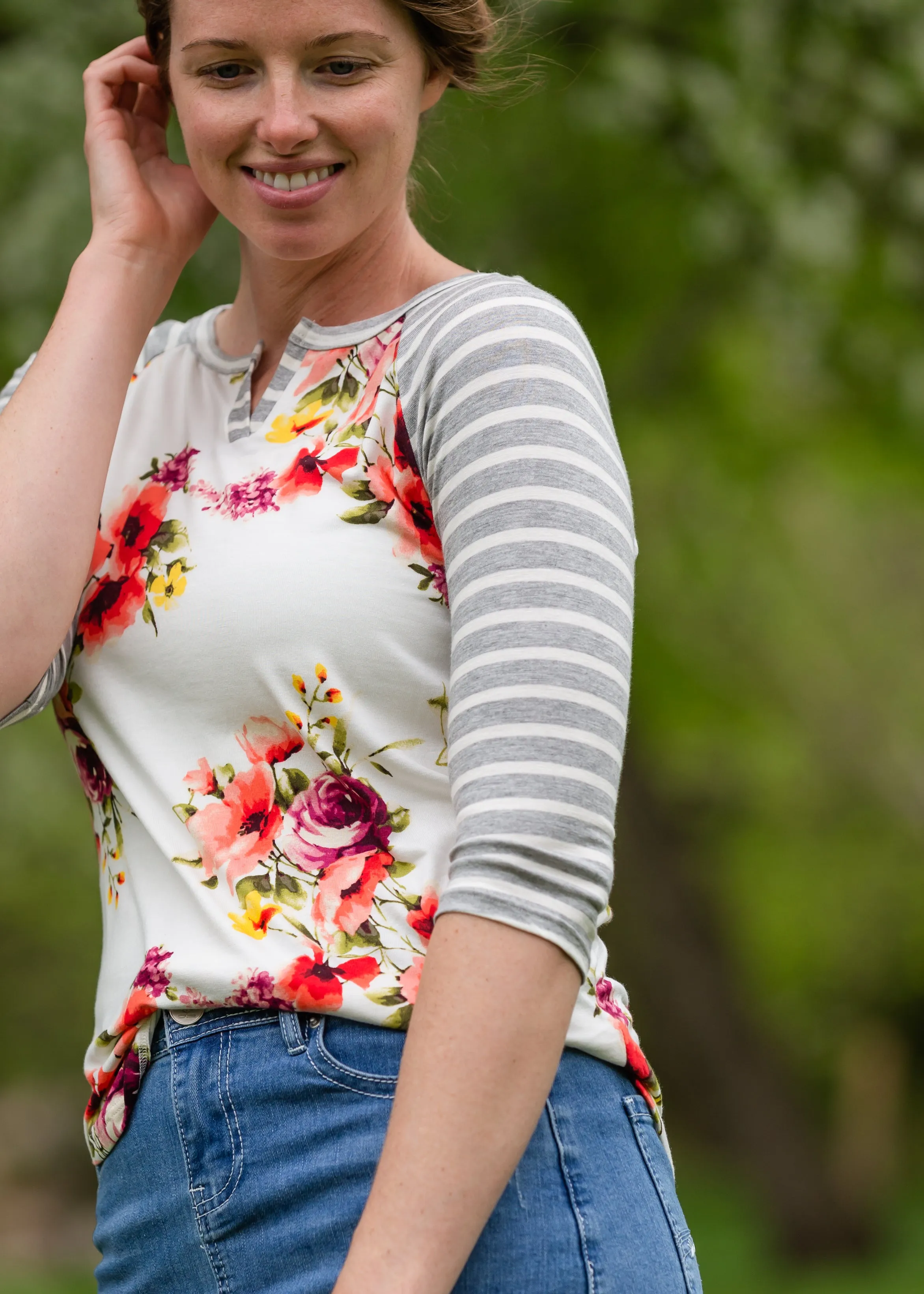 Buttery Soft Floral and Stripe Raglan Top