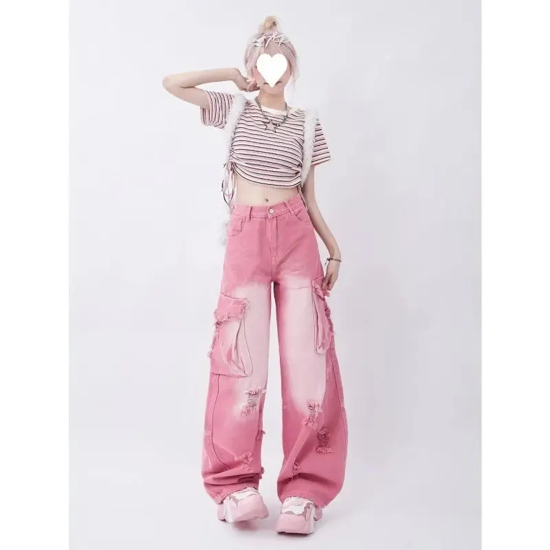 Distressed Pink Cargo Jeans