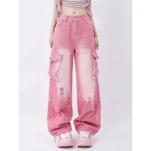 Distressed Pink Cargo Jeans