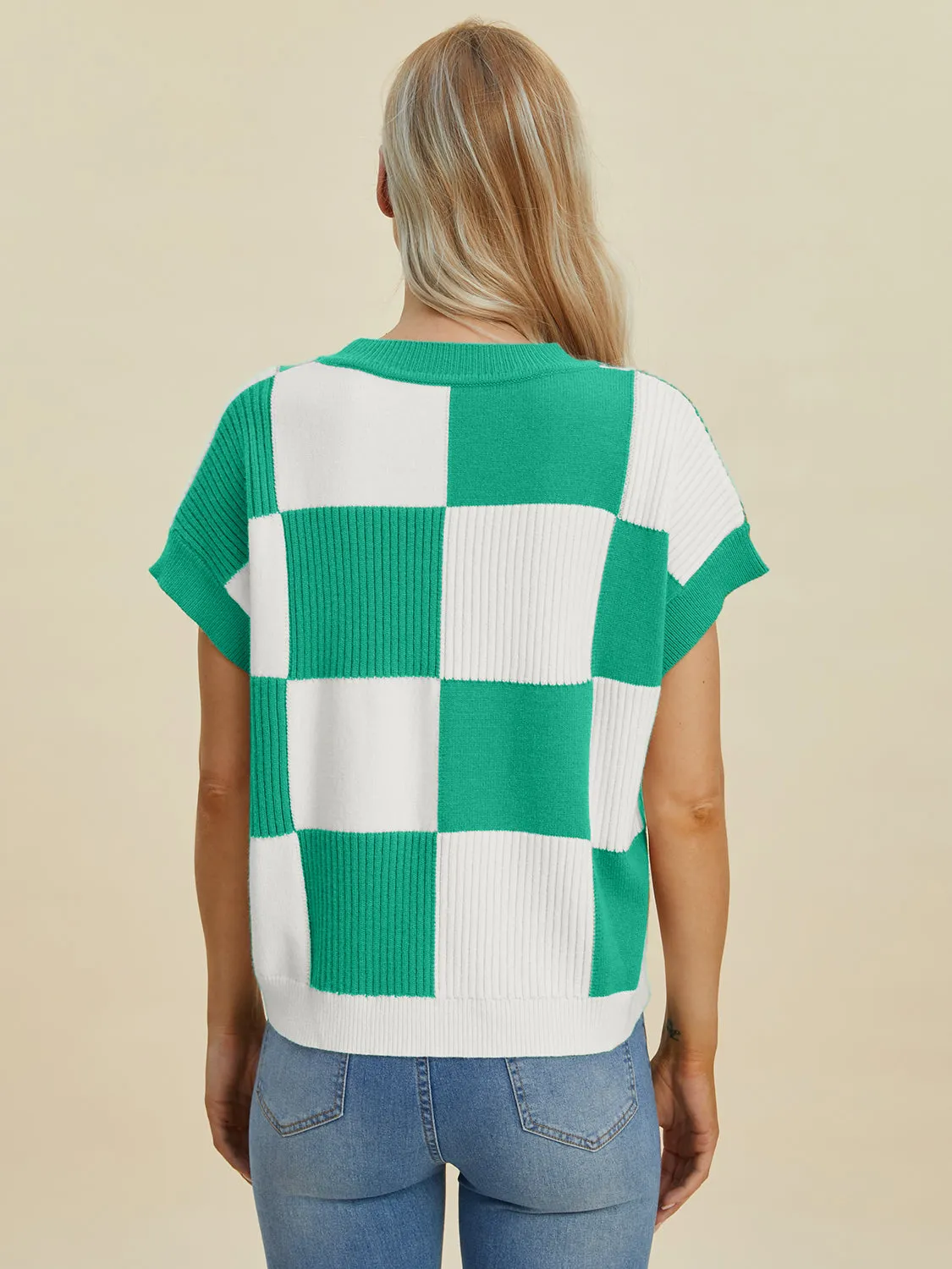 Double Take Full Size Checkered Round Neck Short Sleeve Sweater - 4 Colors