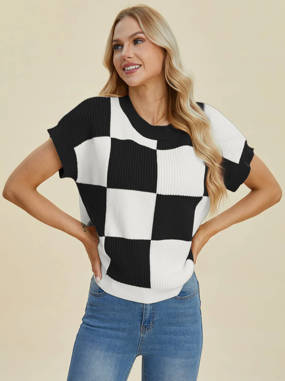 Double Take Full Size Checkered Round Neck Short Sleeve Sweater - 4 Colors