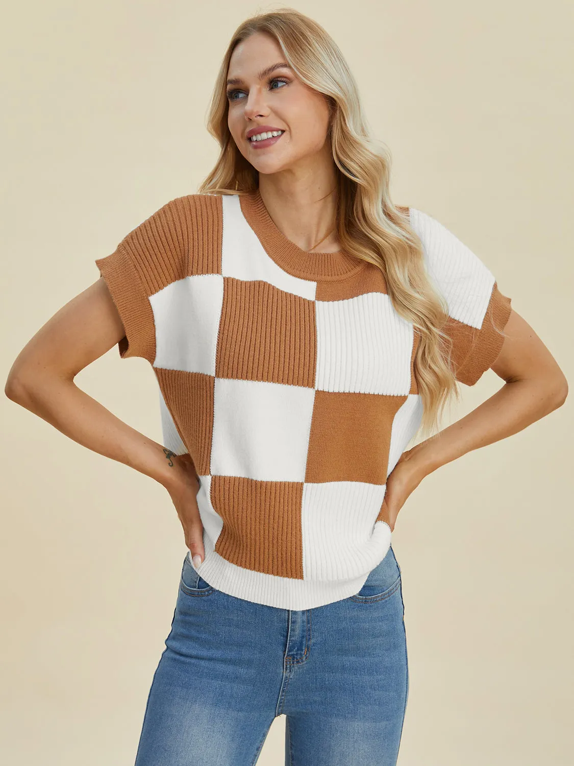 Double Take Full Size Checkered Round Neck Short Sleeve Sweater - 4 Colors