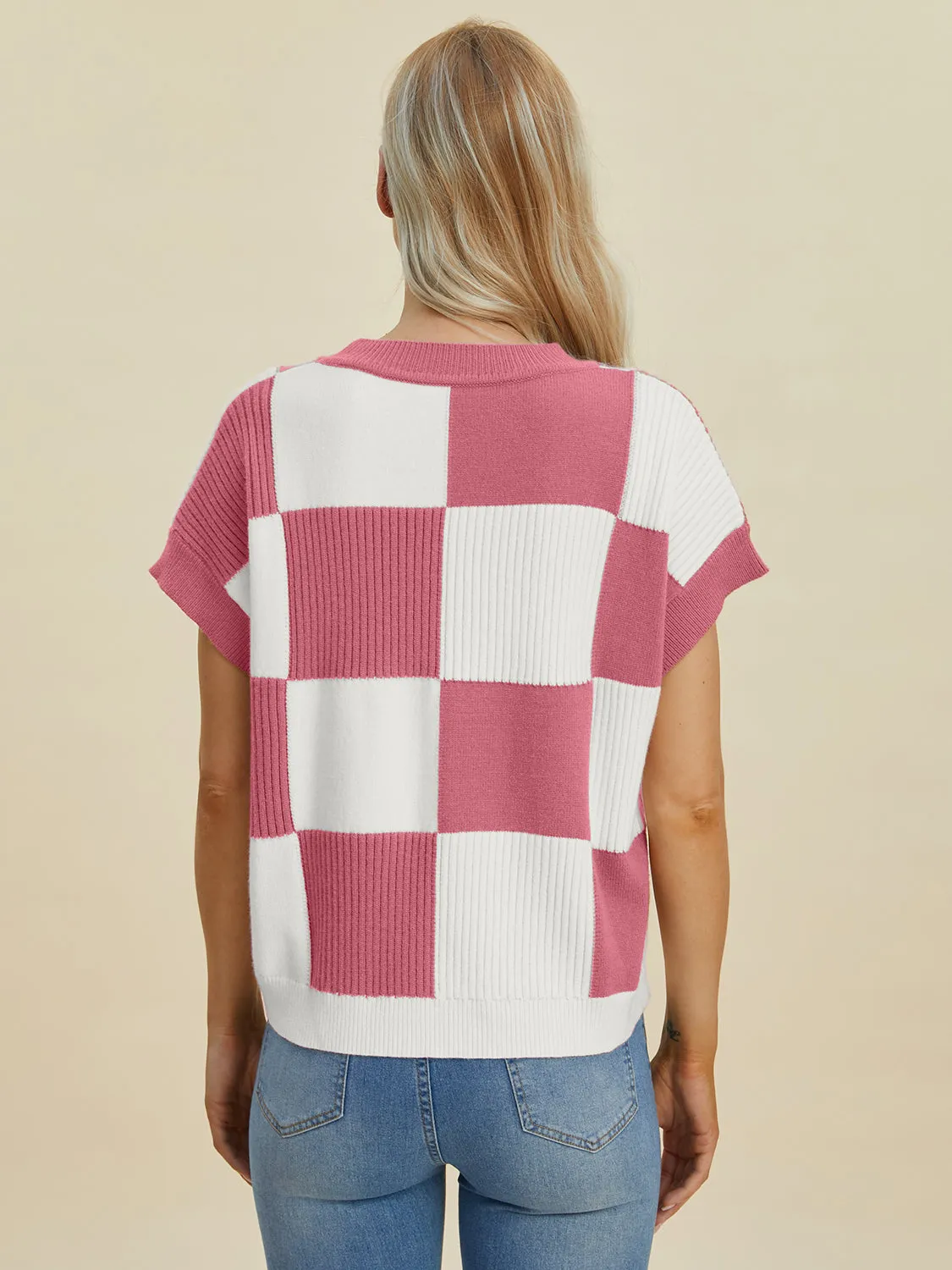 Double Take Full Size Checkered Round Neck Short Sleeve Sweater - 4 Colors