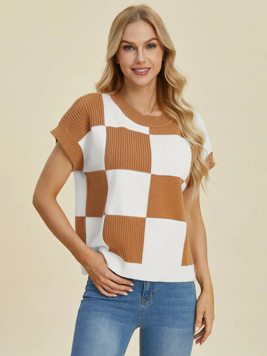 Double Take Full Size Checkered Round Neck Short Sleeve Sweater - 4 Colors