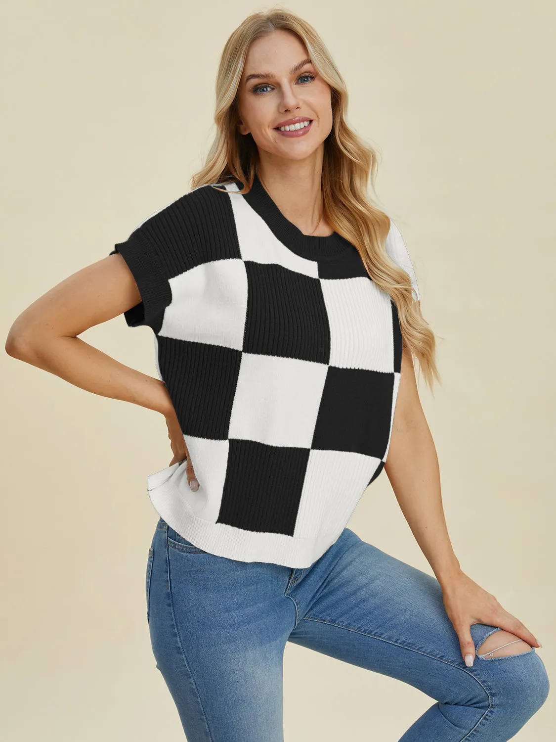 Double Take Full Size Checkered Round Neck Short Sleeve Sweater - 4 Colors