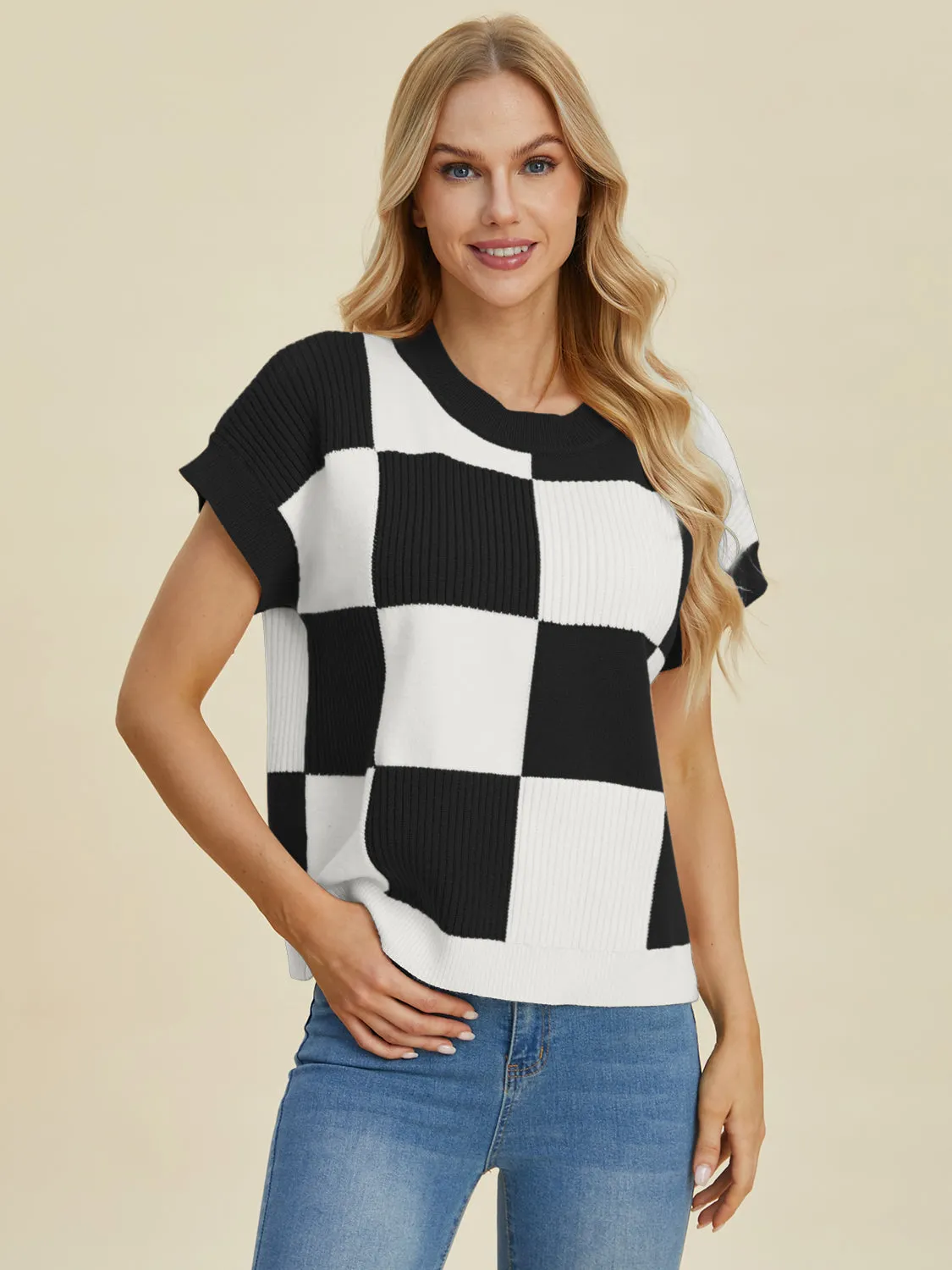 Double Take Full Size Checkered Round Neck Short Sleeve Sweater - 4 Colors