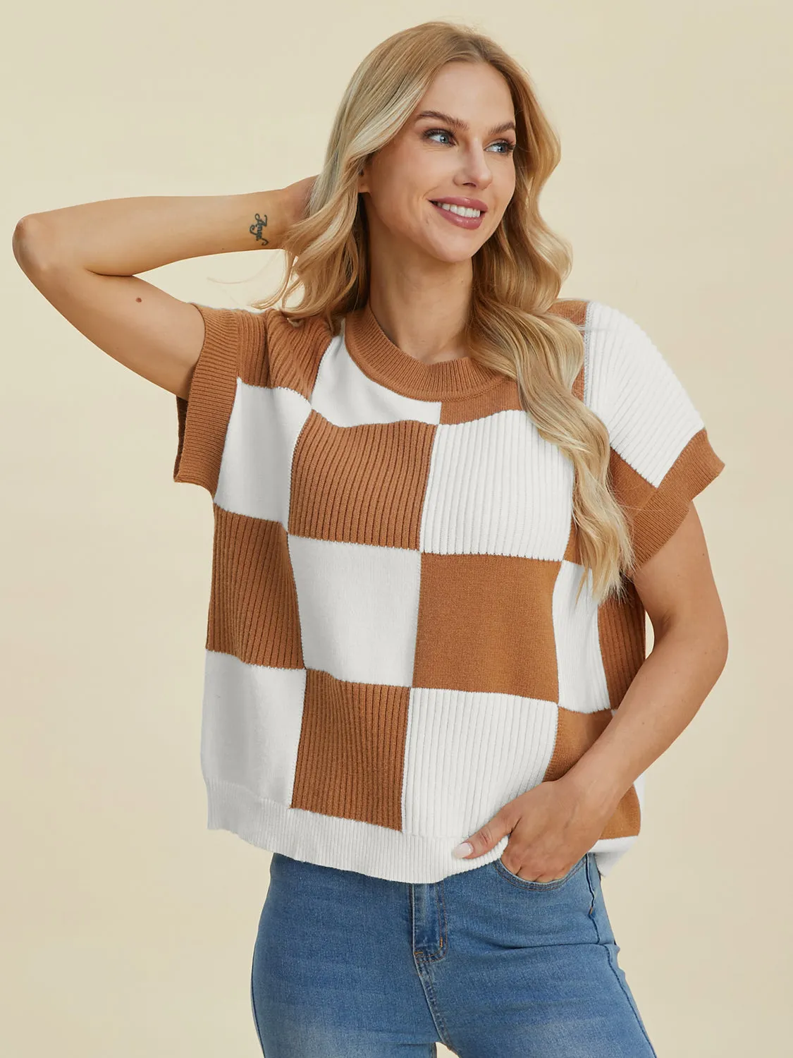 Double Take Full Size Checkered Round Neck Short Sleeve Sweater - 4 Colors