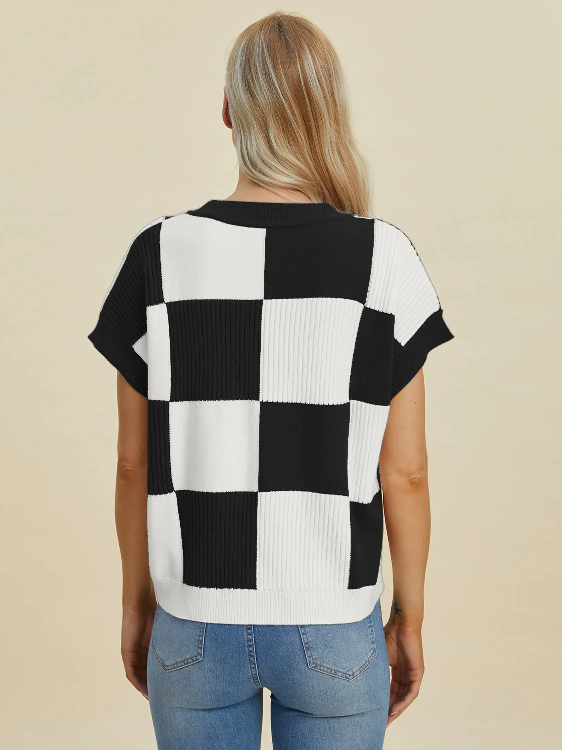 Double Take Full Size Checkered Round Neck Short Sleeve Sweater - 4 Colors