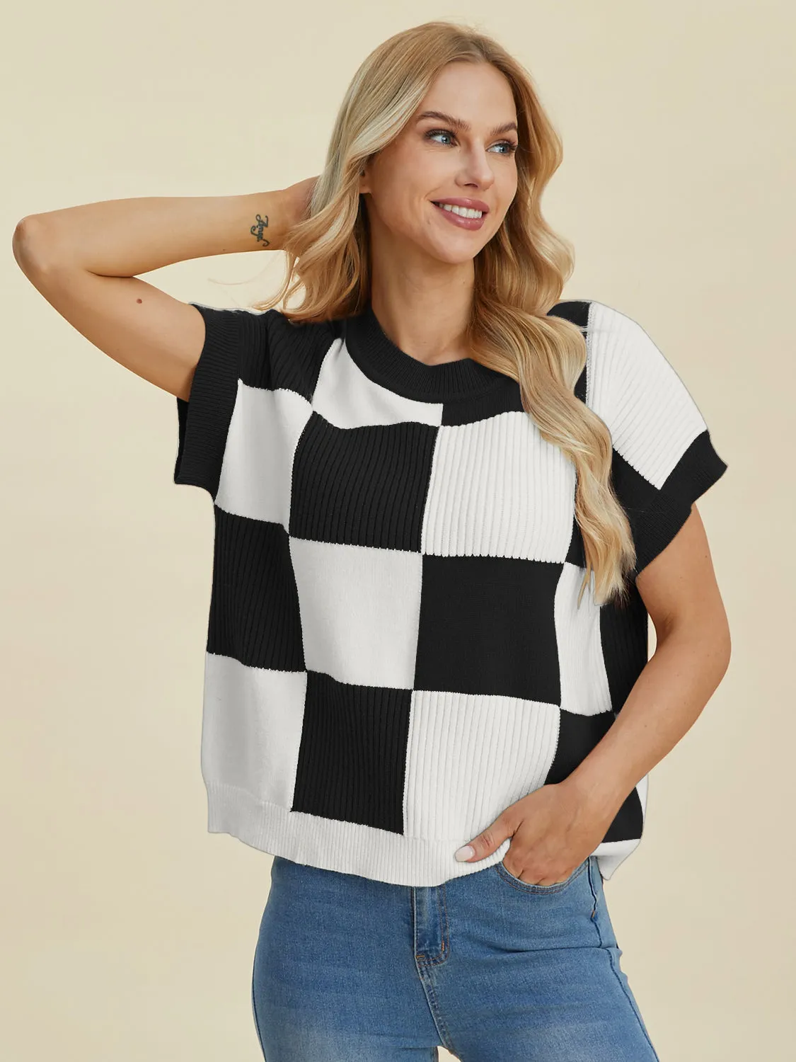 Double Take Full Size Checkered Round Neck Short Sleeve Sweater - 4 Colors