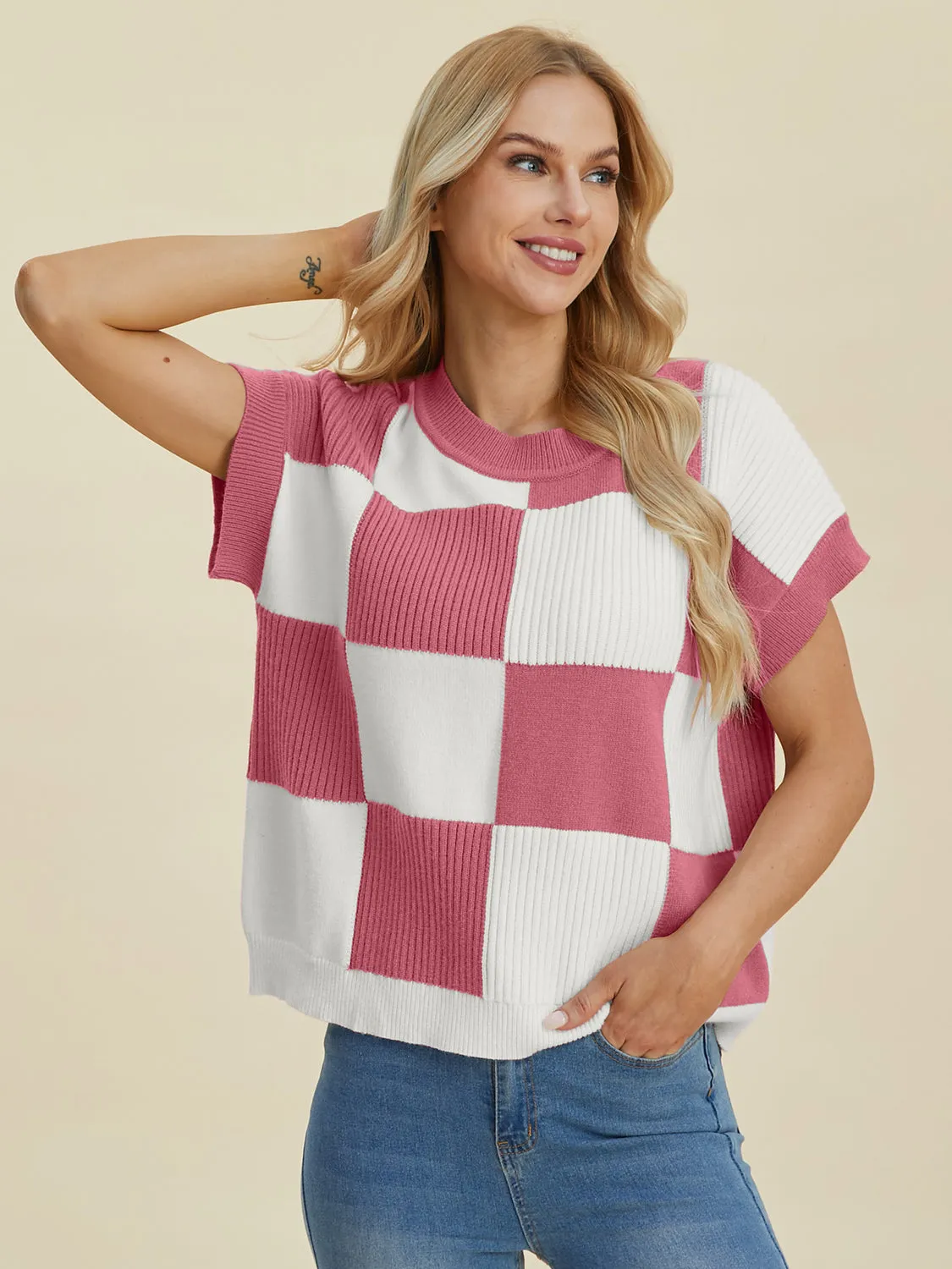 Double Take Full Size Checkered Round Neck Short Sleeve Sweater - 4 Colors