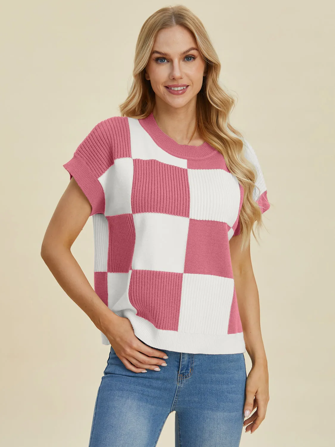 Double Take Full Size Checkered Round Neck Short Sleeve Sweater - 4 Colors