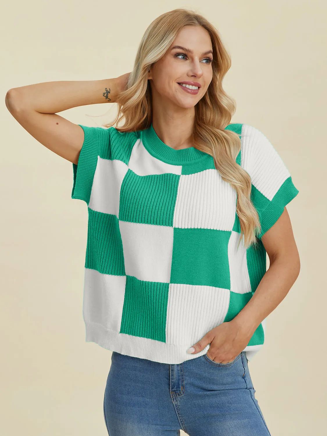 Double Take Full Size Checkered Round Neck Short Sleeve Sweater - 4 Colors