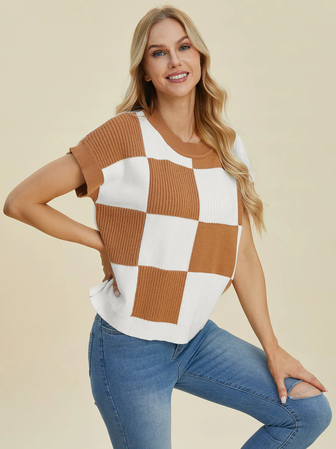 Double Take Full Size Checkered Round Neck Short Sleeve Sweater - 4 Colors