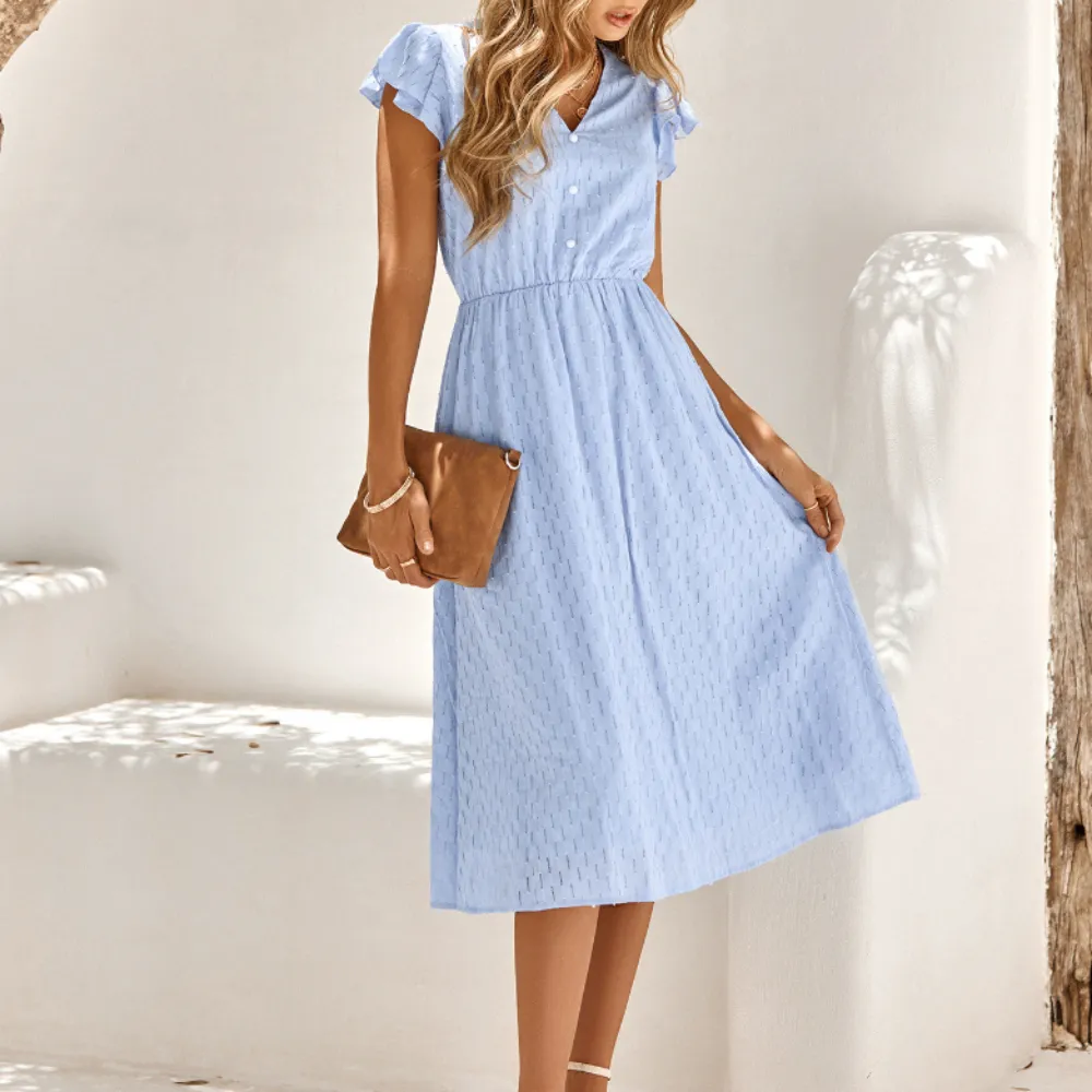 Elegant V Neck Ruffled Sleeve Summer Dress for Women