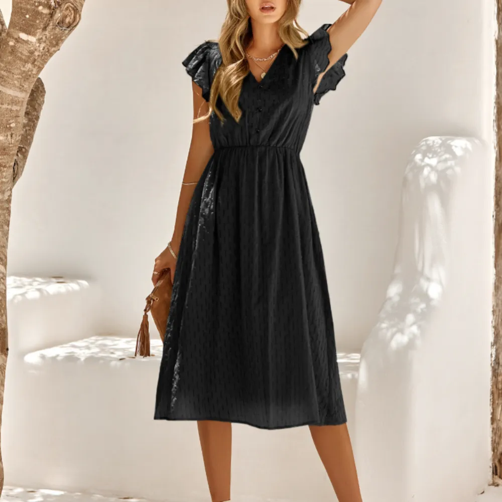 Elegant V Neck Ruffled Sleeve Summer Dress for Women