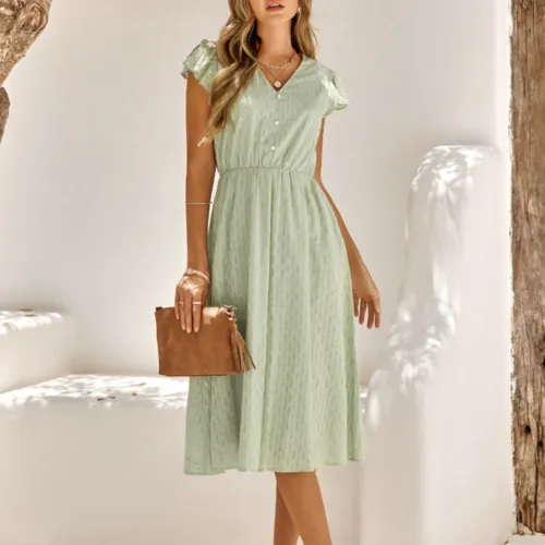 Elegant V Neck Ruffled Sleeve Summer Dress for Women