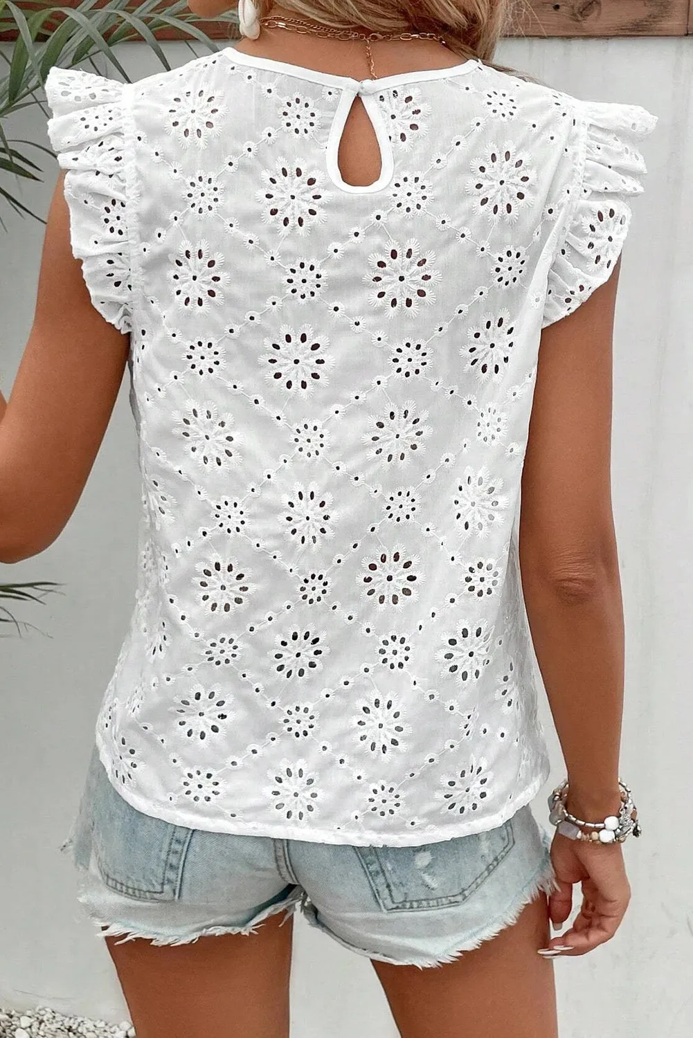 Eyelet Round Neck Cap Sleeve Blouse