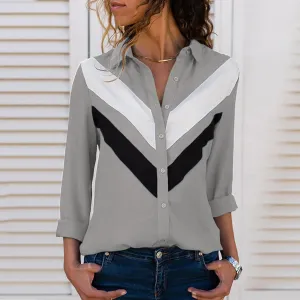 Fashion casual spring and summer chiffon shirt long-sleeved solid color stitching V-neck ladies top