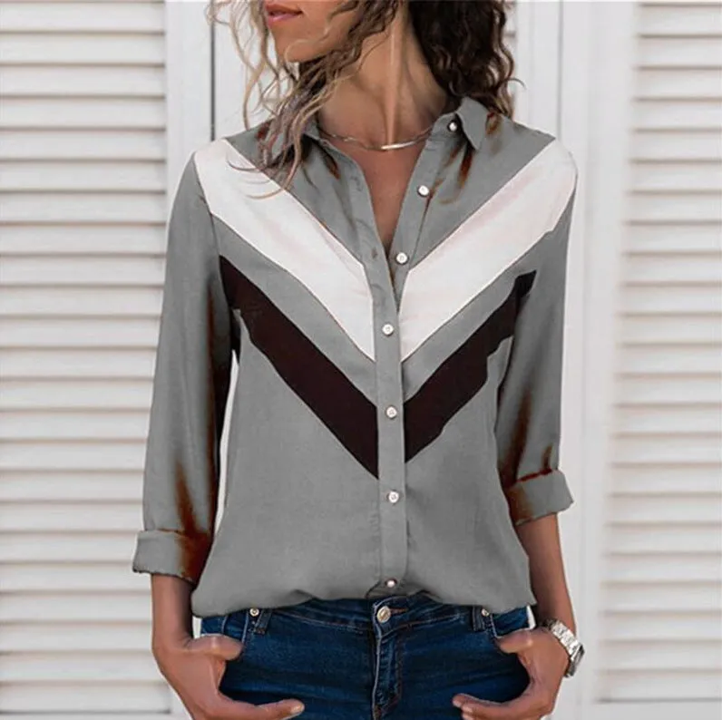 Fashion casual spring and summer chiffon shirt long-sleeved solid color stitching V-neck ladies top