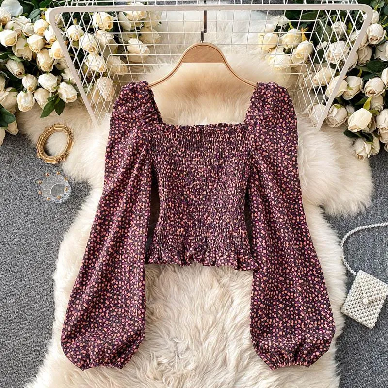 Fashion Puff Sleeve Retro Square Neck Floral Cropped Top