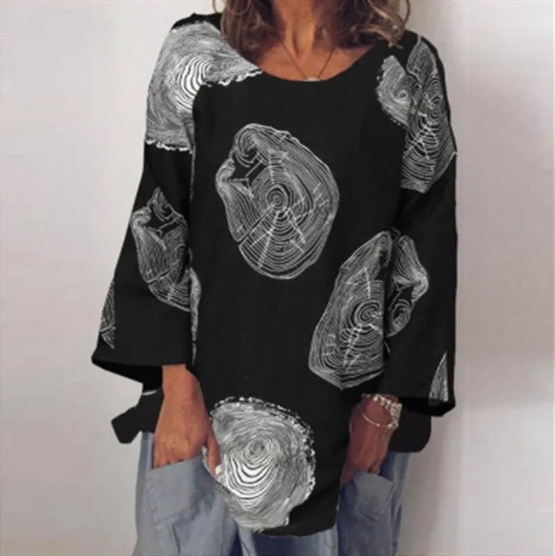 Fashion Simple Long Sleeve Loose Cotton Linen Shirt Printed Blouse