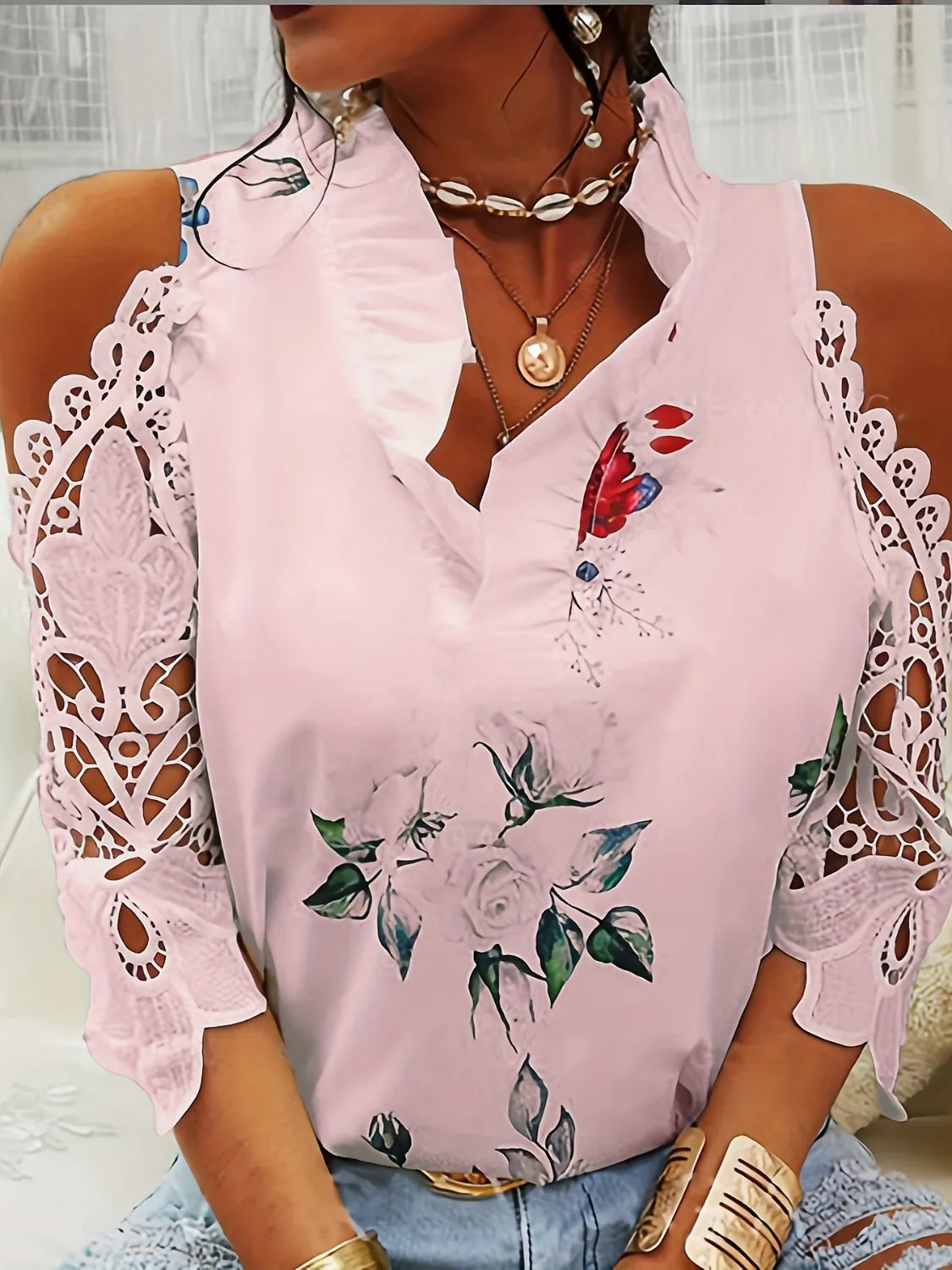 Full Size Lace Printed Half Sleeve Blouse