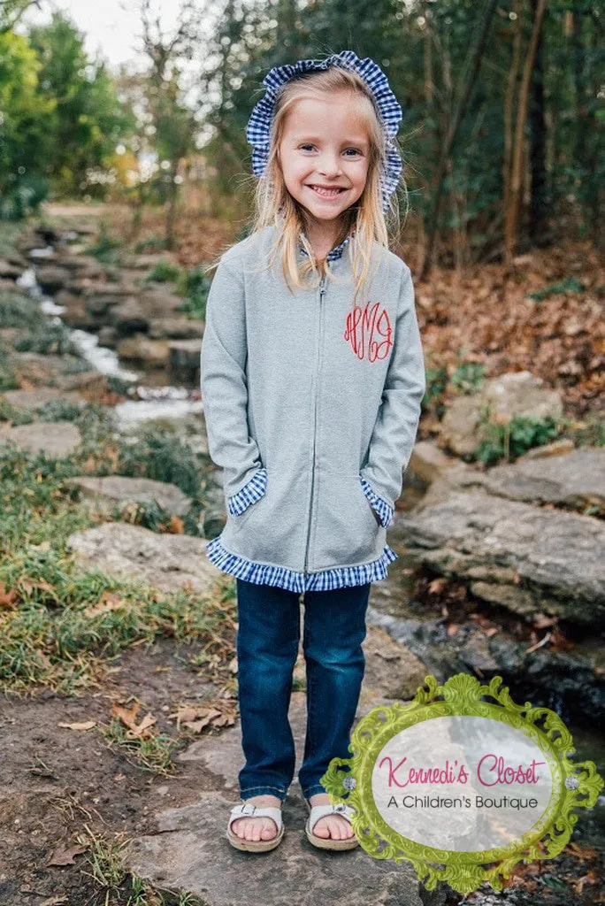 Girls Grey with Light Blue Gingham Ruffle Jacket