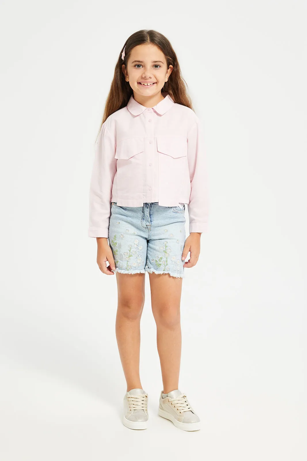 Girls Pink Chambray Button Front Blouse