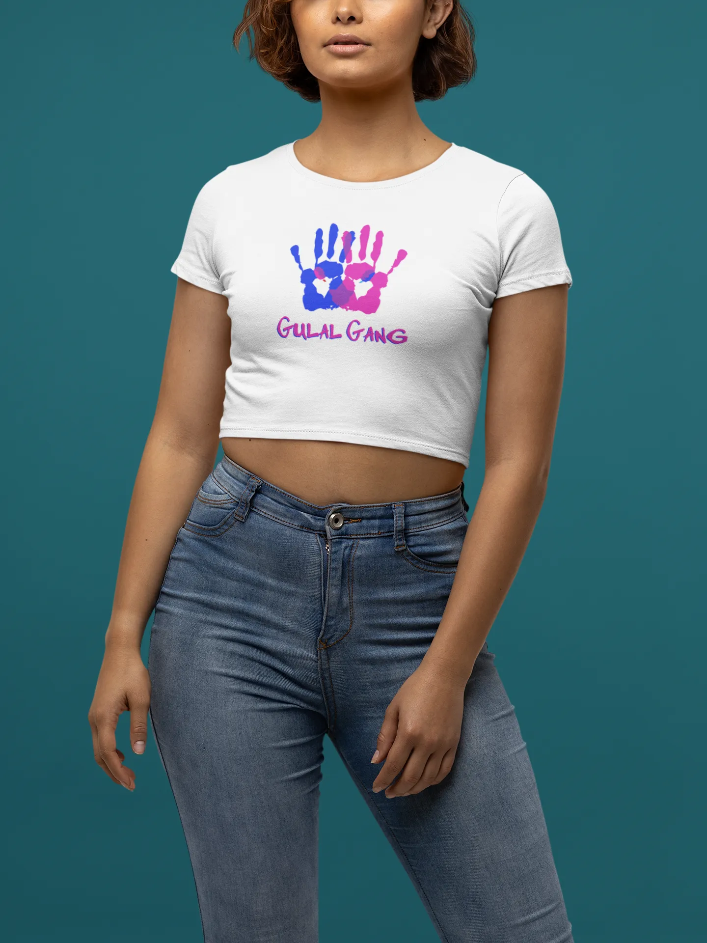 'Gulal Gang' Colorful Hands Design Cotton Crop Top for Women