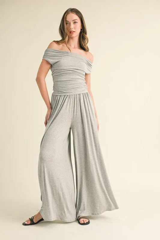 H Grey Off Shoulder Top With Shirring And Palazzo Pants